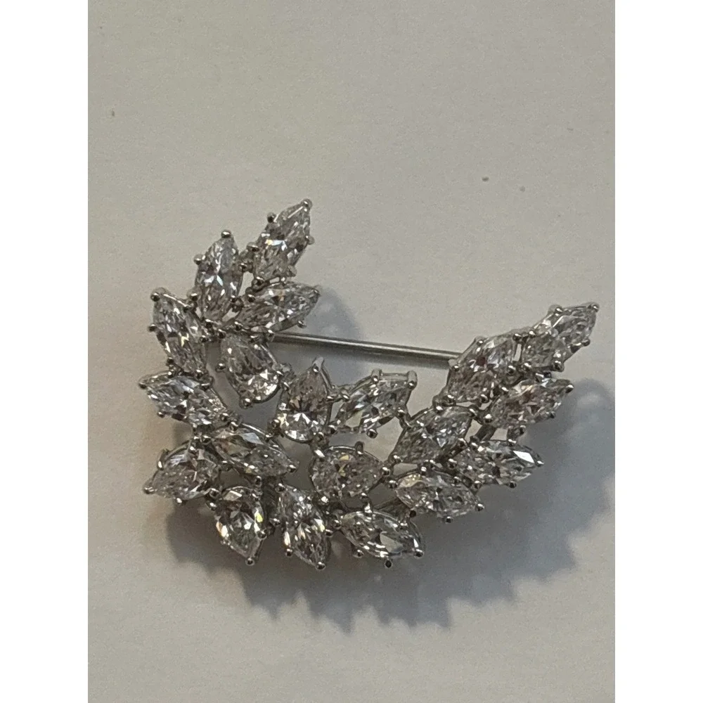 Sterling‎ Silver Marquise Cut Crystal Leaf Brooch Pin Statement Sparkle